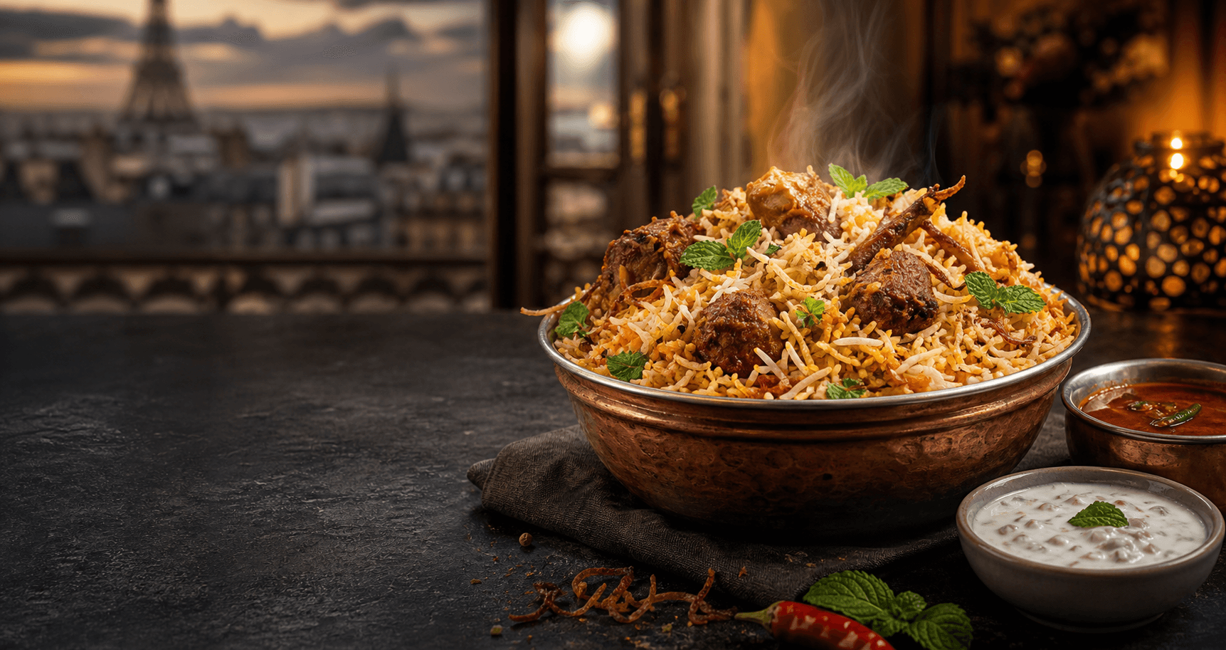 Premium biryani bowl with raita and salan